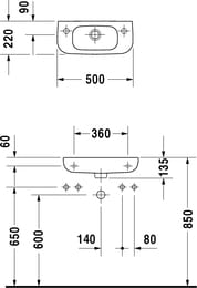 Рукомойник DURAVIT D-CODE 500х220х135 отверстие под смеситель справа, перелив 07065000082