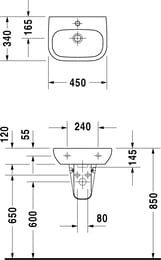 Рукомойник DURAVIT D-CODE 450х340х145 отверстие под смеситель, перелив 07054500002