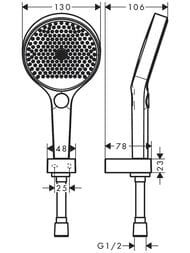 Чертёж Душевой набор Hansgrohe Rainfinity (ручной душ 130 3jet, держатель, шланг 125 см) белый мат 26852700
