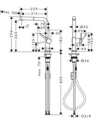 Чертёж Смеситель Hansgrohe Talis M54 для кухни 270 вытяжной поворотный излив, 1jet Eco, хром 72845000