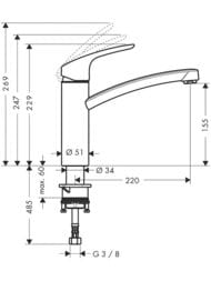 Чертёж Смеситель Hansgrohe Focus 31816 CoolStart, для кухни с поворотным изливом, однорычажный