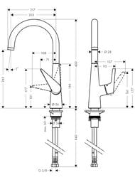 Чертёж Смеситель Hansgrohe Talis M51 для кухни 260 поворотный излив сталь 72810800