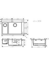 Чертёж Мойка из нержавеющей стали Hansgrohe S71 43309800 (755х500) врезная, отверс.под смес., сталь