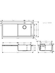 Чертёж Мойка из нержавеющей стали Hansgrohe S71 43307800 (1045х510) отвер.под смес., сталь