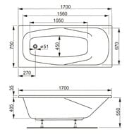 Ванна акриловая VAGNERPLAST ARONIA 170 (1700х750х410) прямоугольная, белая VPBA170ARN2X-04