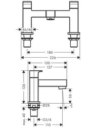 Чертёж Смеситель на борт ванны Hansgrohe Vernis Shape 71452000 на 2 отверстия, двухзахватный, хром
