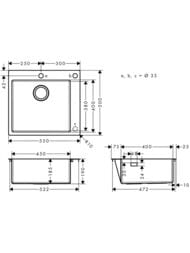 Чертёж Мойка из нержавеющей стали Hansgrohe S71 43305800 (550х500) врезная, отвер.под смес. сталь