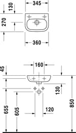 Рукомойник DURAVIT D-CODE 360х270х130 б/о под смес., с переливом 07053600002