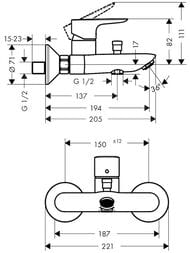 Чертёж Смеситель Hansgrohe Talis E 71740990 для ванны однорычажный, настенный, полирован золото