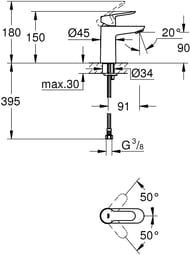 Смеситель для раковины Grohe BauEdge 23330000 однозахвтный, низкий излив 90мм, цвет: хром