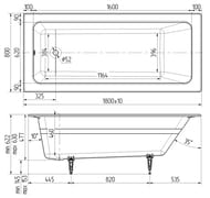 Ванна чугунная эмалированная Wotte Line Plus 1800х800х477 прямоугольная, без ножек, цвет: белый