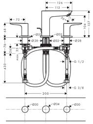 Чертёж Смеситель Hansgrohe Talis E 71733140  для раковины на 3 отверстия, донный клапан, шлиф бронза