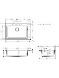 Чертёж Мойка из гранита Hansgrohe S51 43313290 (770х510) врезная, отвер.под смес., серый камень