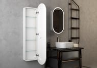 Зеркало-шкаф Континент Elmage 450х1600 подсветка, розетка, сенсорный вкл., доводчик, цвет: белый