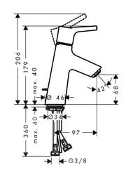Чертёж Смеситель Hansgrohe Talis S 72013000 CoolStart для раковины, однорычажный, с донным клапаном, хром