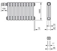 Радиатор Zehnder Charleston 2180 двухтрубчатый 6 секций, боковое подключение 1/2'', 1156Вт, белый