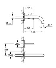 Смеситель Grohe Atrio 19287DC3 для умывальника на 2 отверстия, внешняя часть, суперсталь