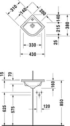 Рукомойник угловой DURAVIT STARCK 3 430х380х160 антигряз.покр., отв.под смес., перелив 07524400001