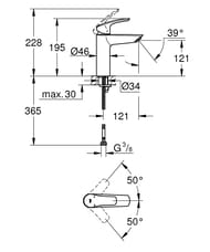 Смеситель для раковины Grohe EuroSmart 121 мм,без донного клапана,однозахватный,M-Size,хром 23324003