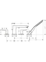 Чертёж Смеситель Hansgrohe Metris 31442000 на борт ванны, 4 отверстия, ручной душ, двухзахв.,внешняя часть