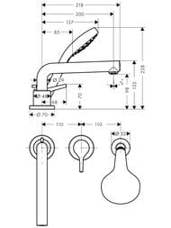 Чертёж Смеситель Hansgrohe Talis S 72417000 на борт ванны, на 3 отверстия, наружная часть, хром